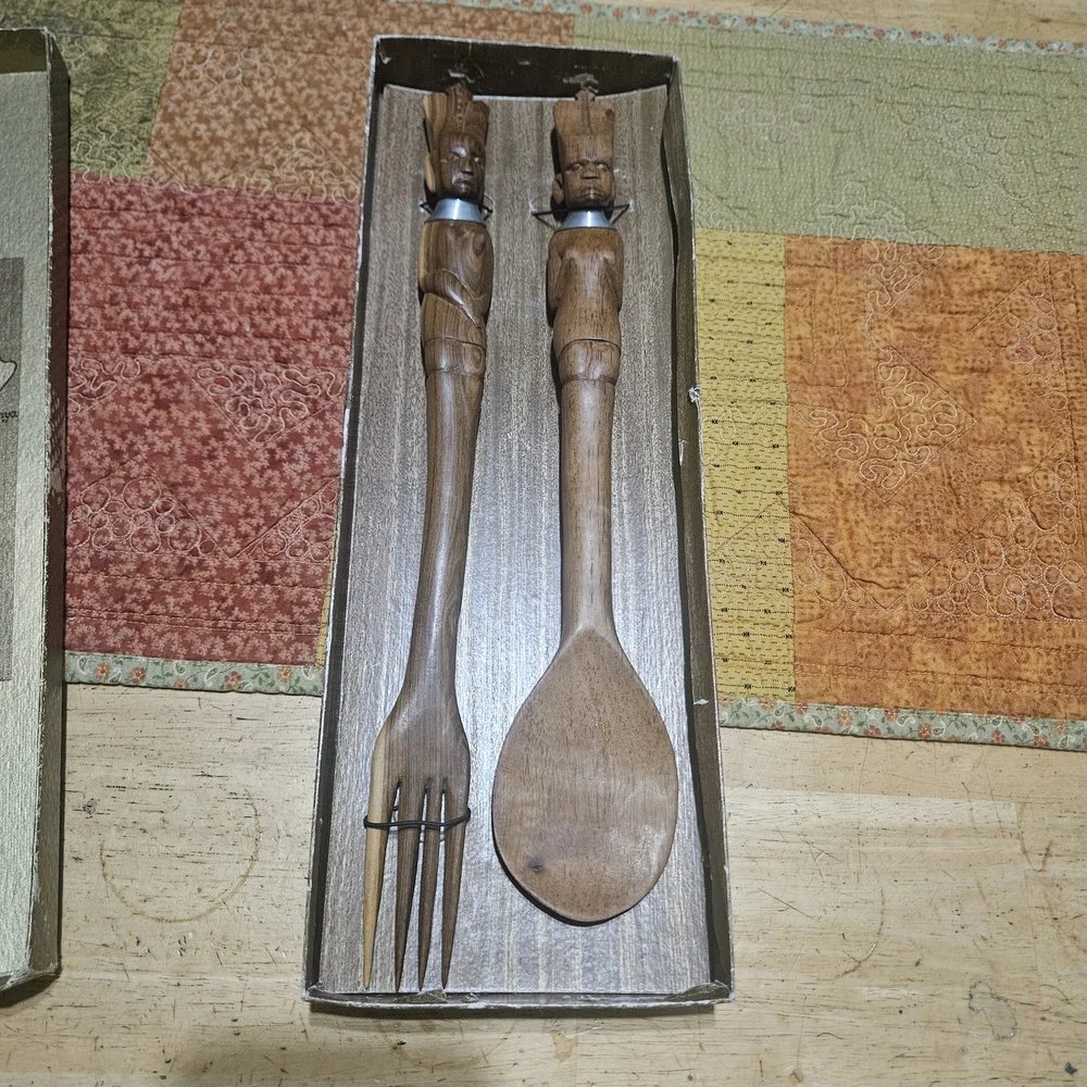 Hand Carved African Tribal Wooden Teak Serving Utensils 15” Set